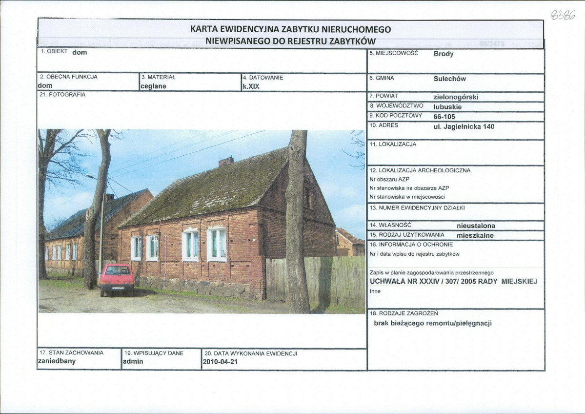 Karta obiektu niewpisanego do rejestru, skan nr 1