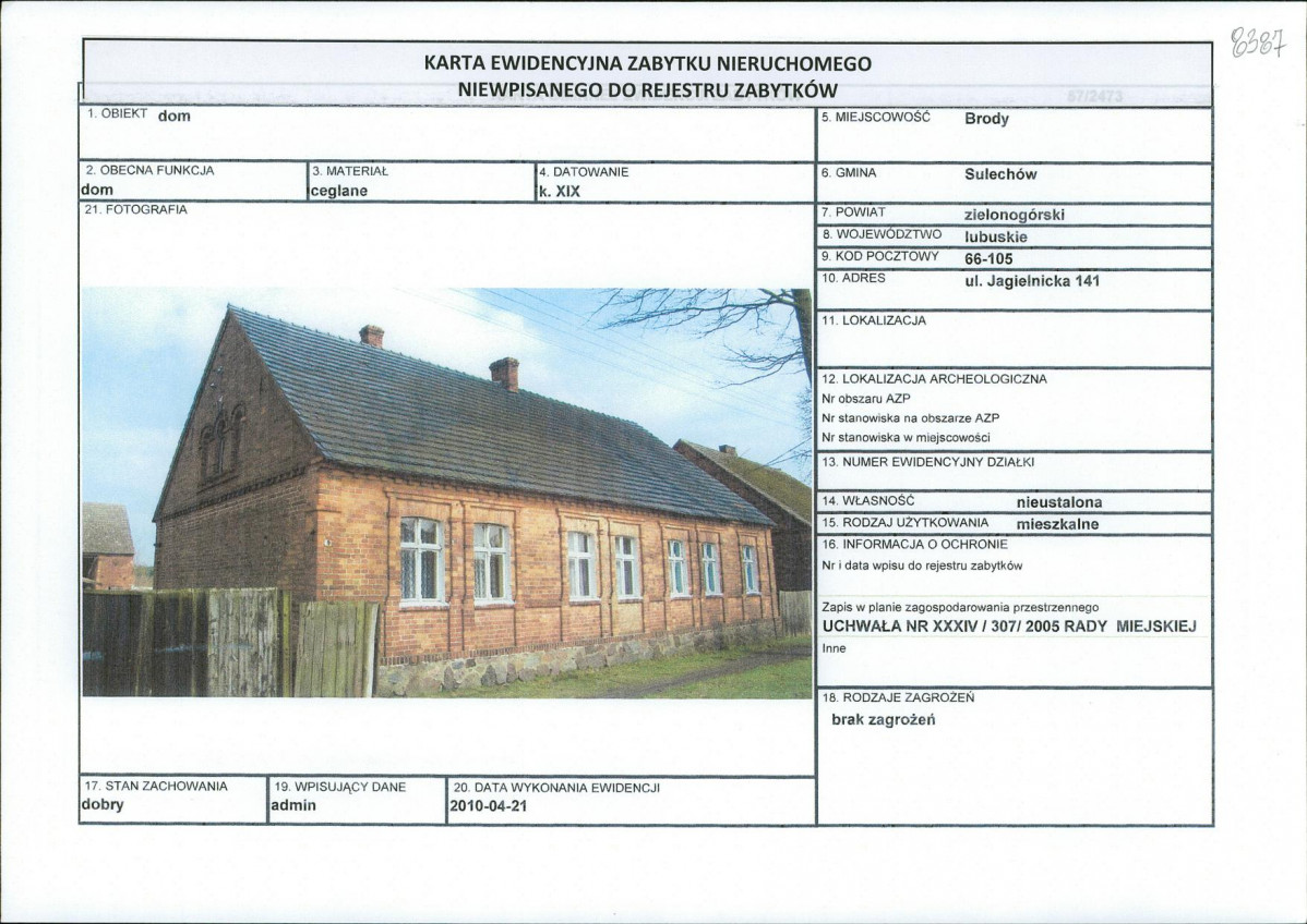 Karta obiektu niewpisanego do rejestru, skan nr 1