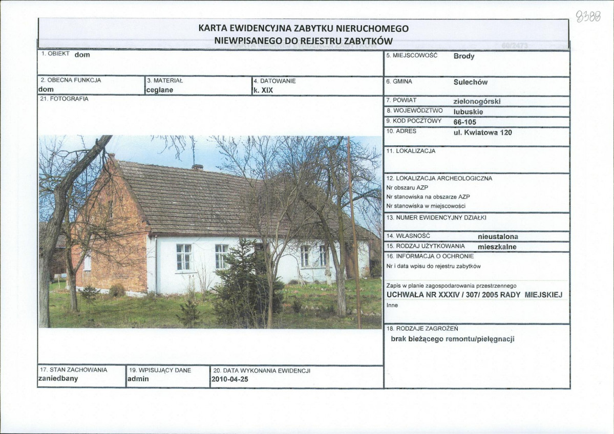 Karta obiektu niewpisanego do rejestru, skan nr 1