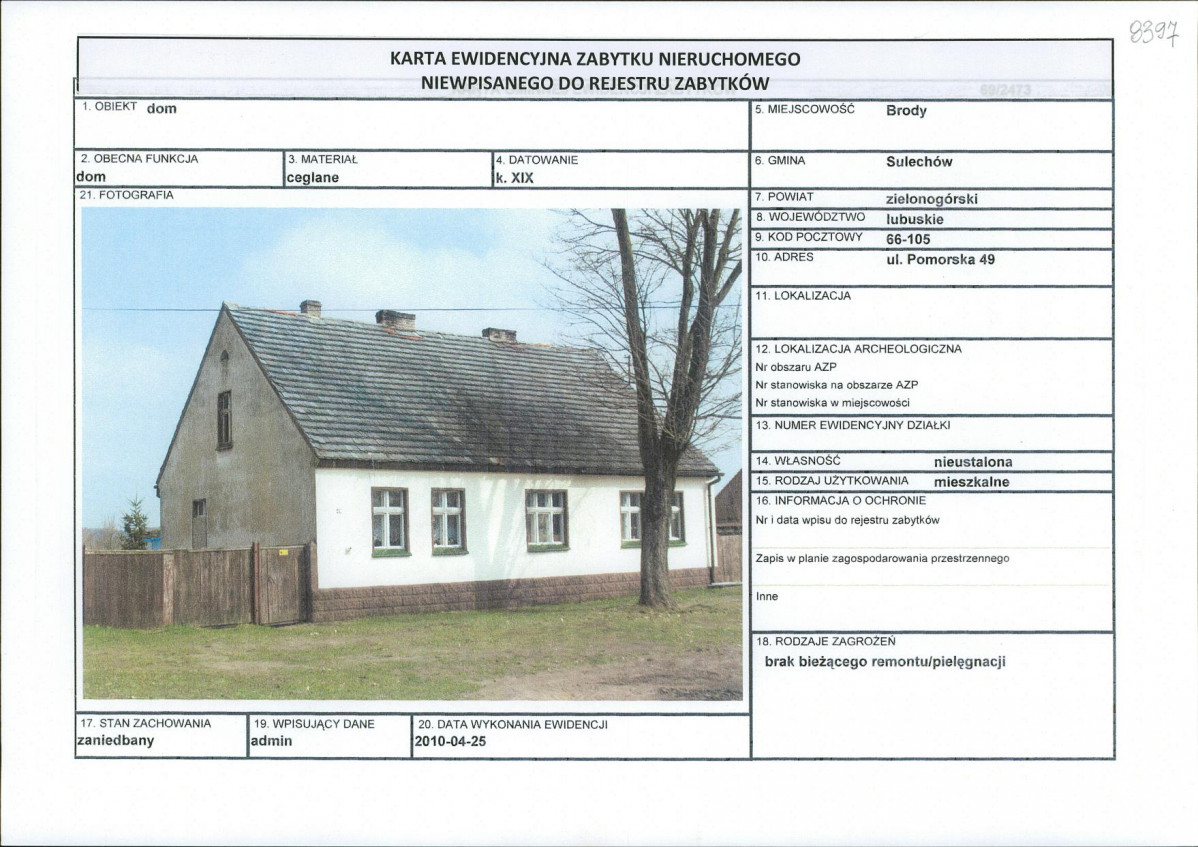 Karta obiektu niewpisanego do rejestru, skan nr 1