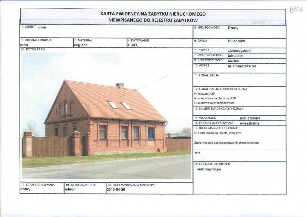 Karta obiektu niewpisanego do rejestru, skan nr 1