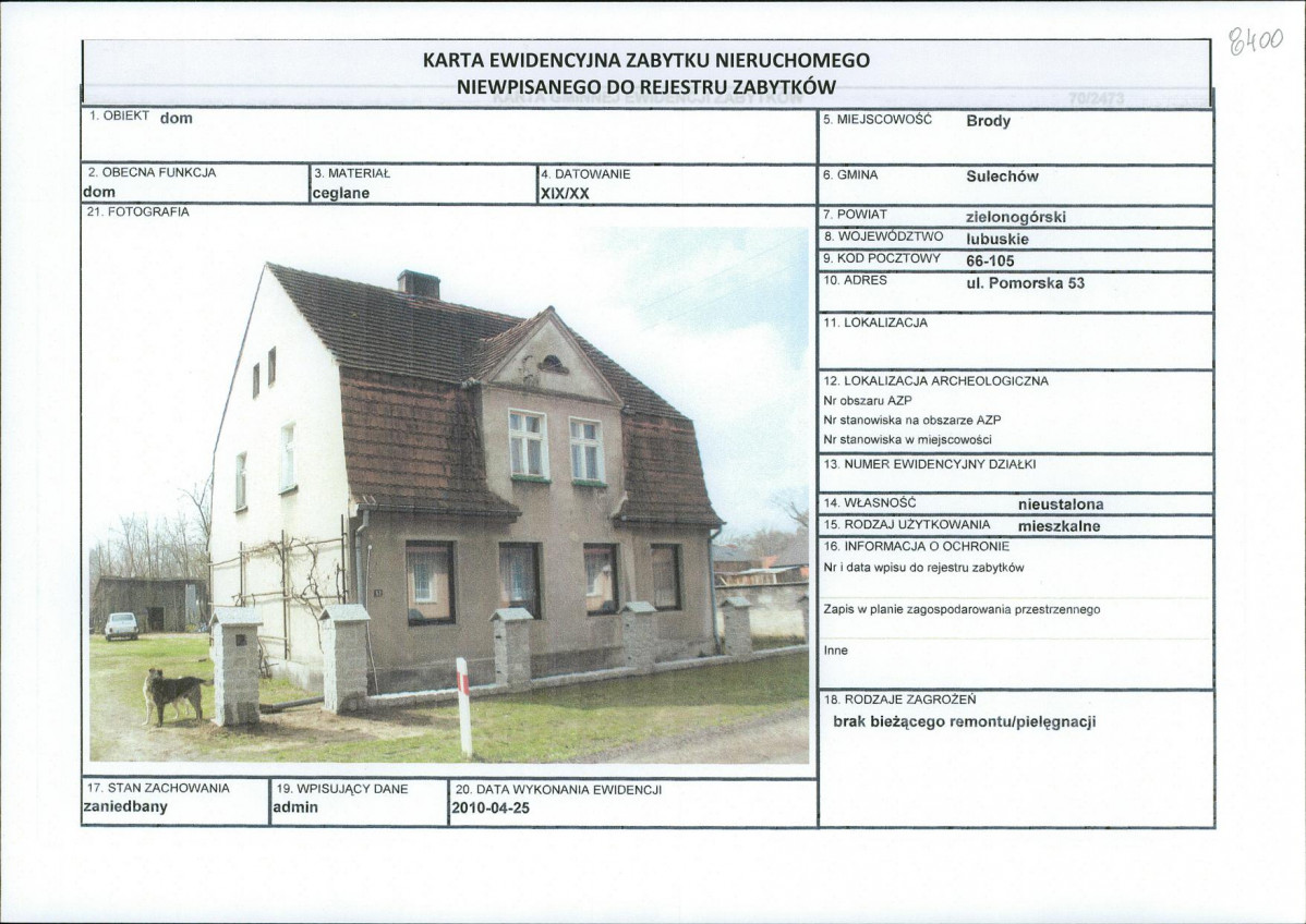 Karta obiektu niewpisanego do rejestru, skan nr 1