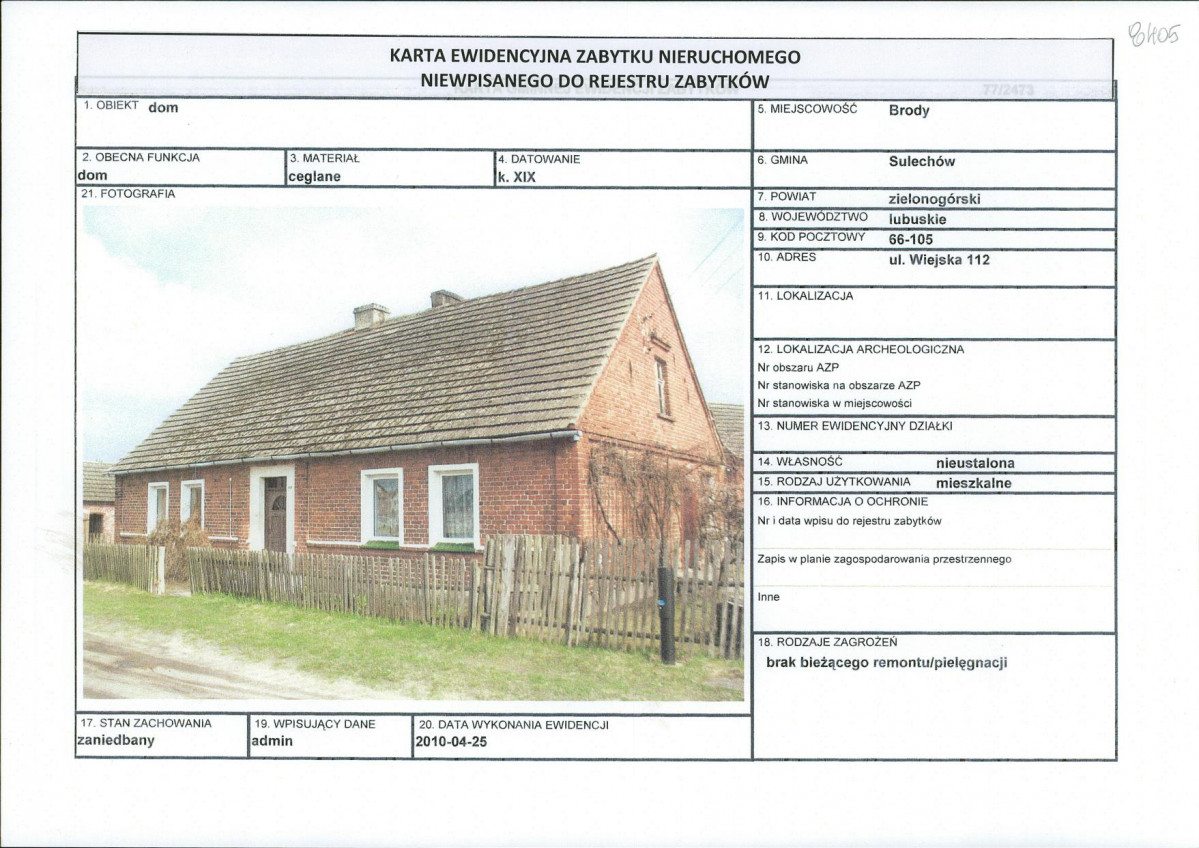 Karta obiektu niewpisanego do rejestru, skan nr 1