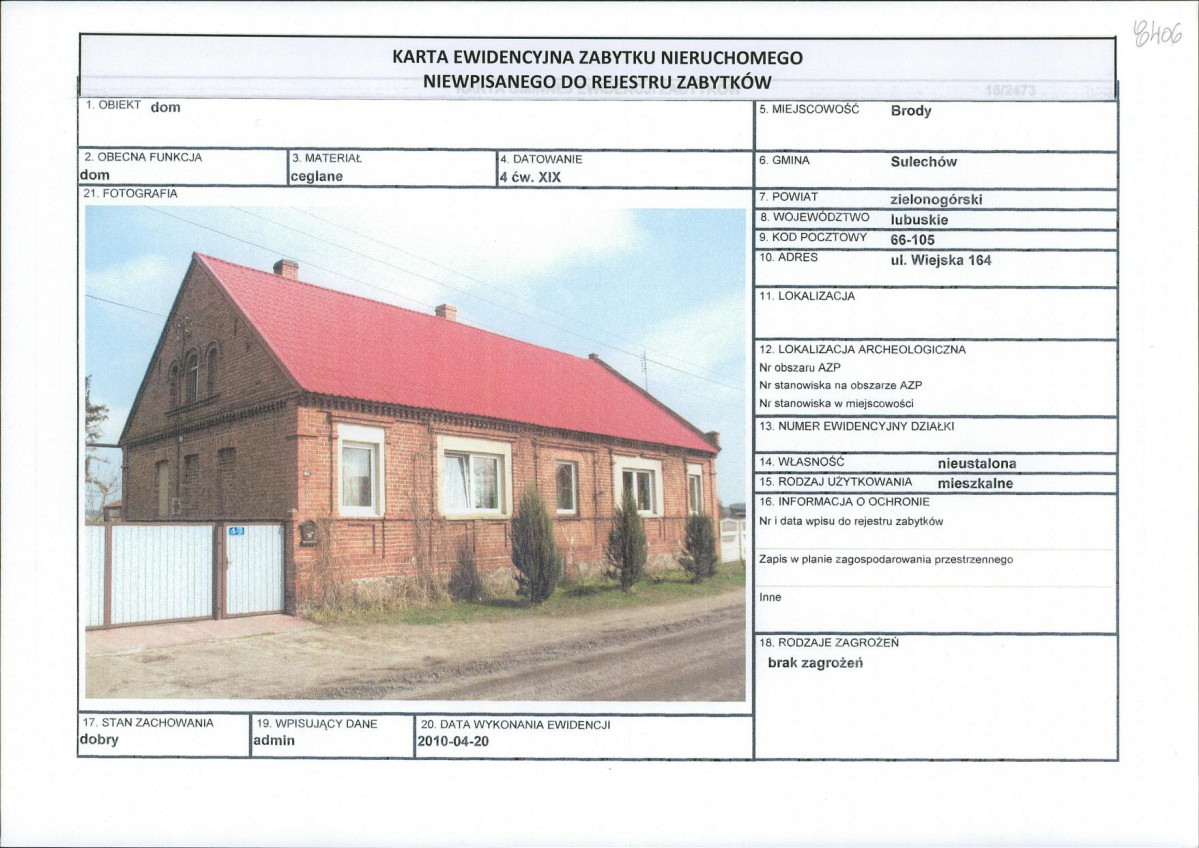 Karta obiektu niewpisanego do rejestru, skan nr 1