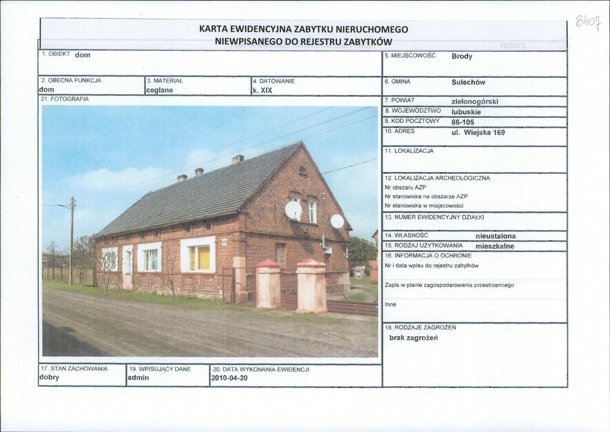 Karta obiektu niewpisanego do rejestru, skan nr 1