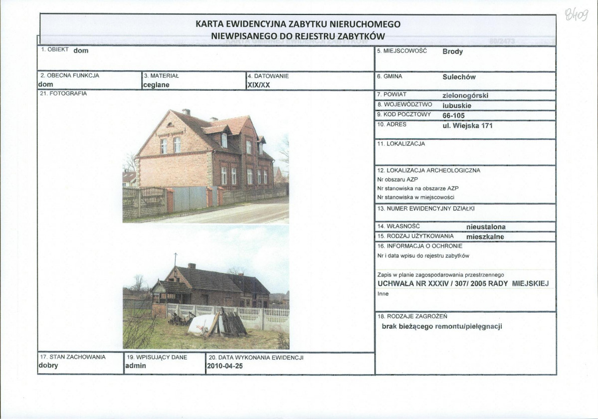 Karta obiektu niewpisanego do rejestru, skan nr 1