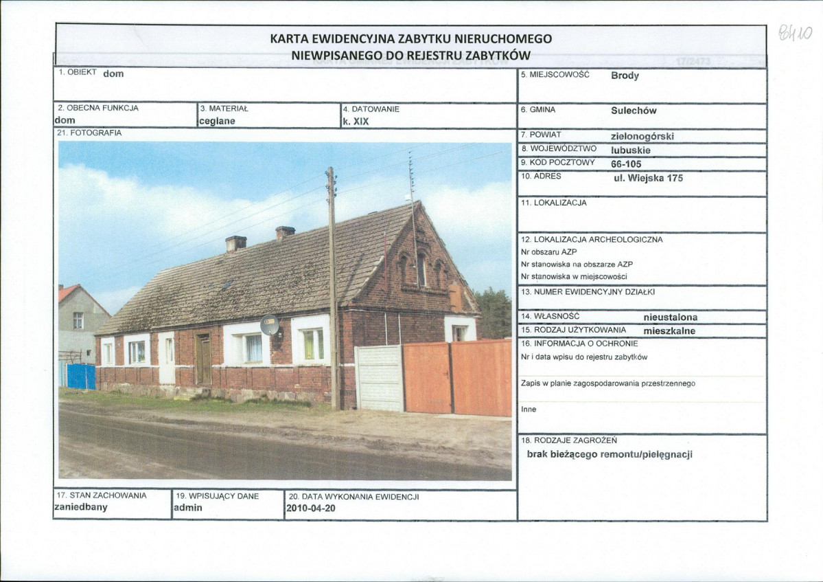 Karta obiektu niewpisanego do rejestru, skan nr 1