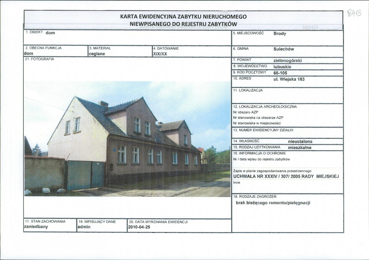 Karta obiektu niewpisanego do rejestru, skan nr 1