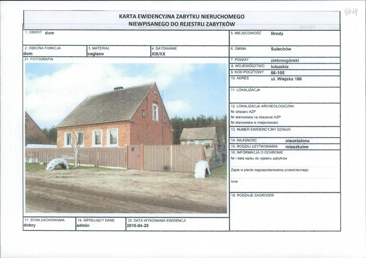 Karta obiektu niewpisanego do rejestru, skan nr 1