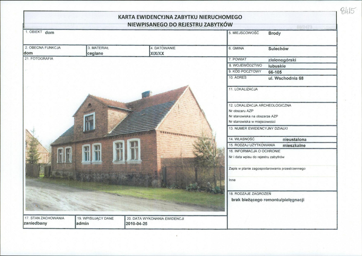 Karta obiektu niewpisanego do rejestru, skan nr 1