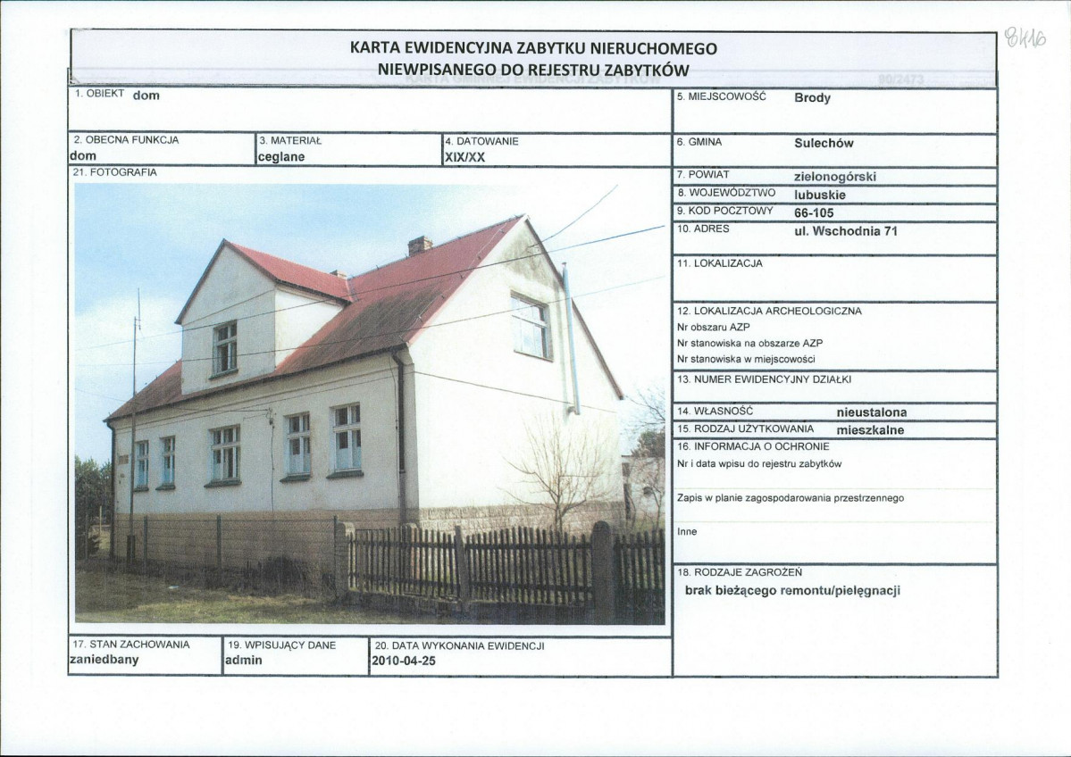 Karta obiektu niewpisanego do rejestru, skan nr 1