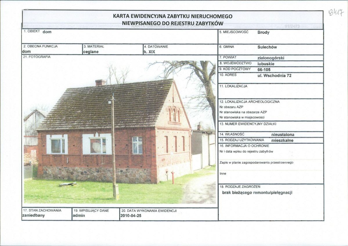 Karta obiektu niewpisanego do rejestru, skan nr 1