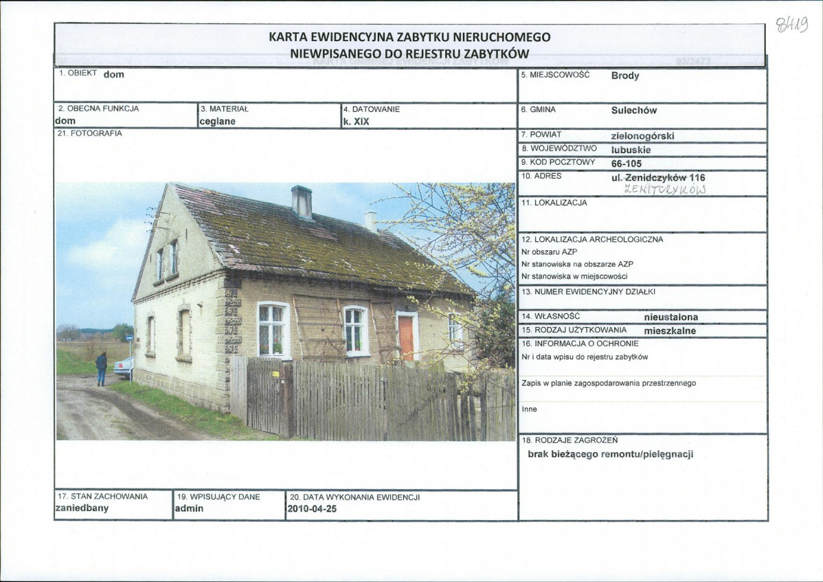 Karta obiektu niewpisanego do rejestru, skan nr 1