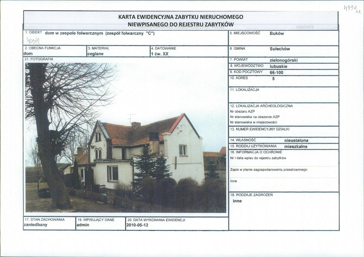 Karta obiektu niewpisanego do rejestru, skan nr 1