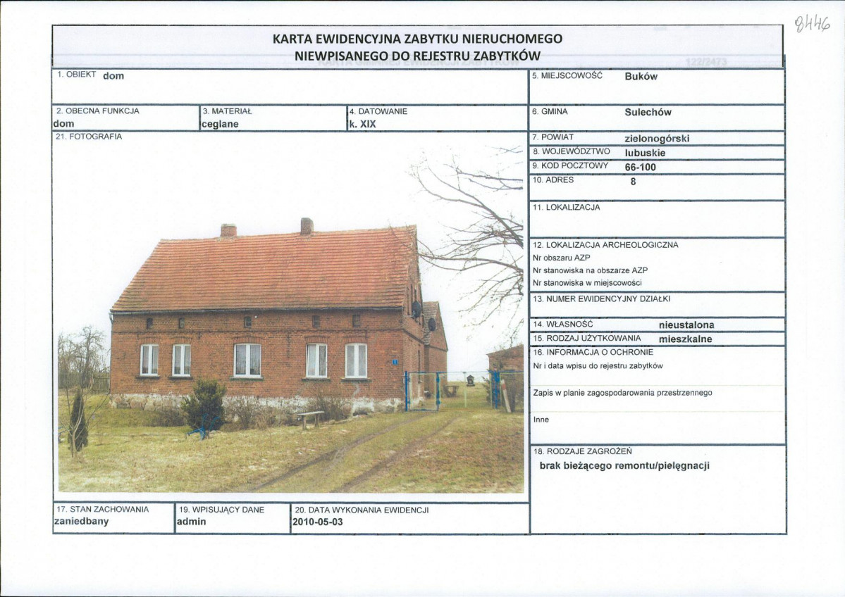 Karta obiektu niewpisanego do rejestru, skan nr 1