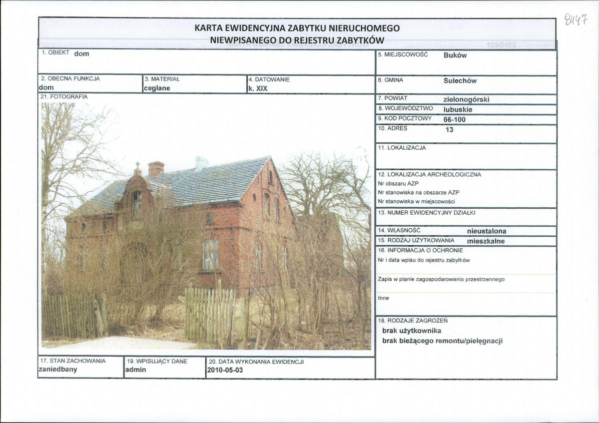 Karta obiektu niewpisanego do rejestru, skan nr 1