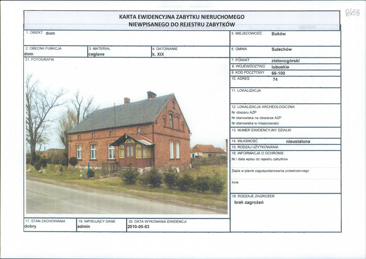 Karta obiektu niewpisanego do rejestru, skan nr 1