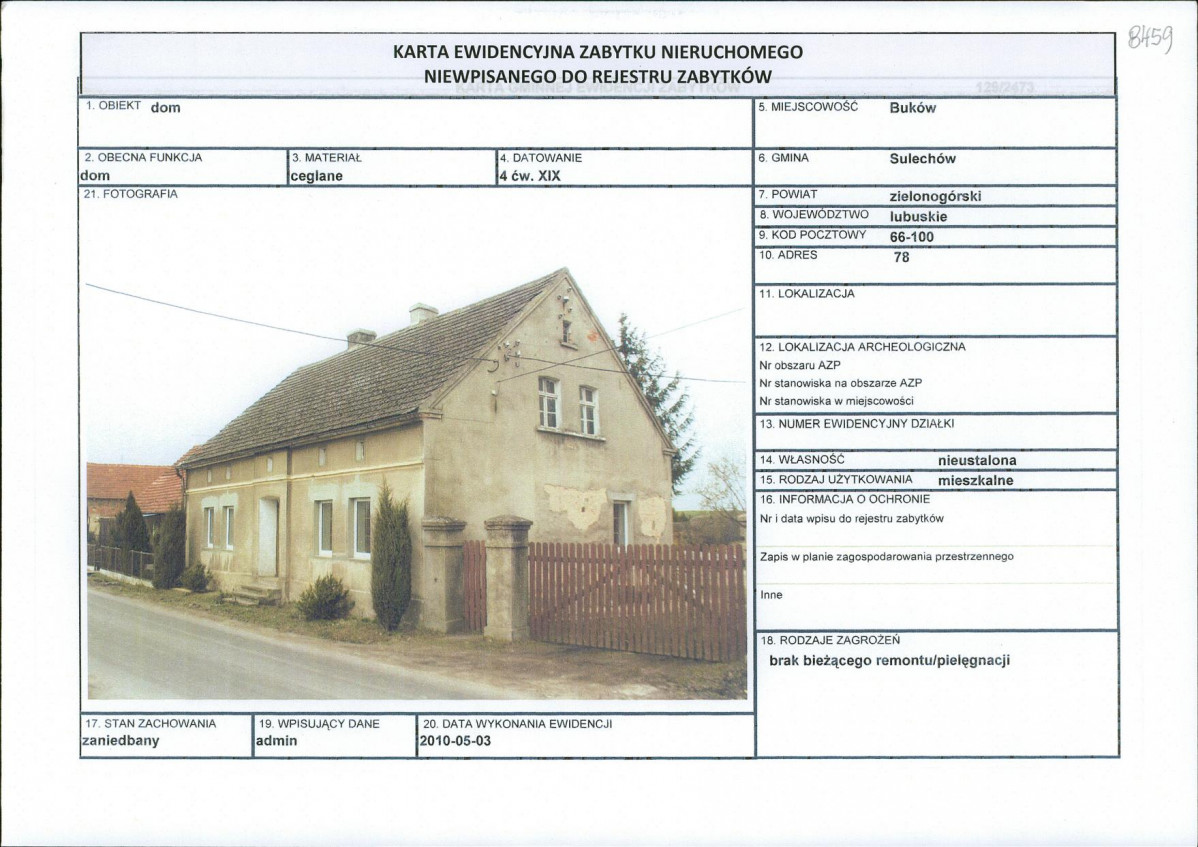 Karta obiektu niewpisanego do rejestru, skan nr 1