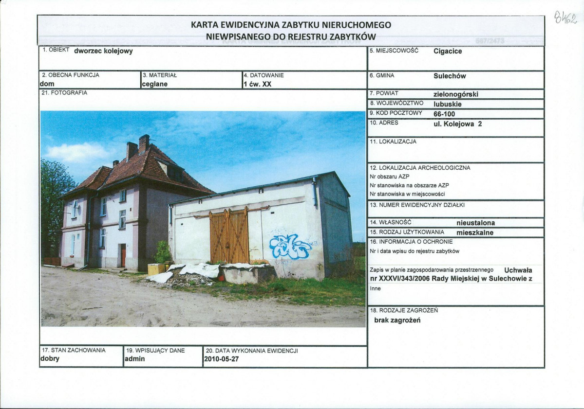 Karta obiektu niewpisanego do rejestru, skan nr 1