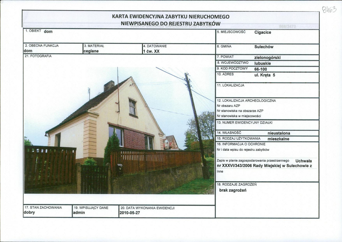 Karta obiektu niewpisanego do rejestru, skan nr 1