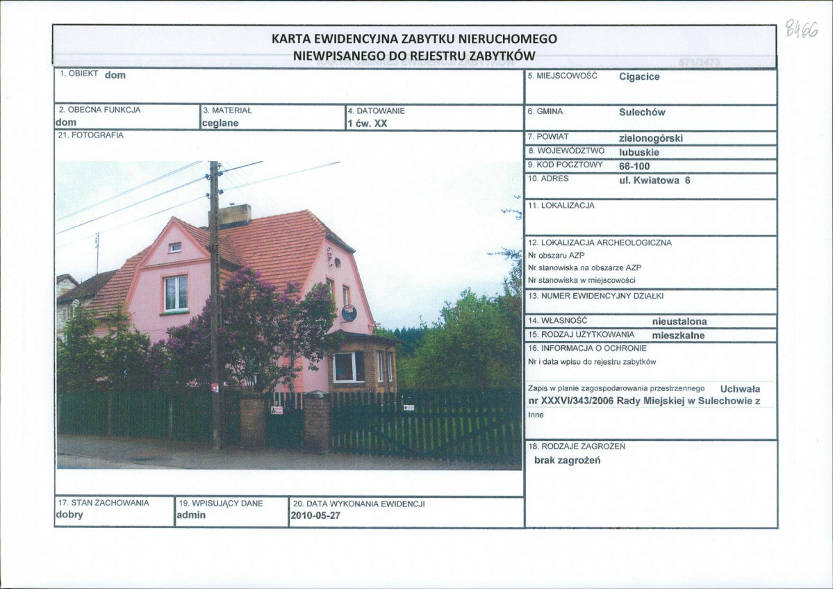 Karta obiektu niewpisanego do rejestru, skan nr 1