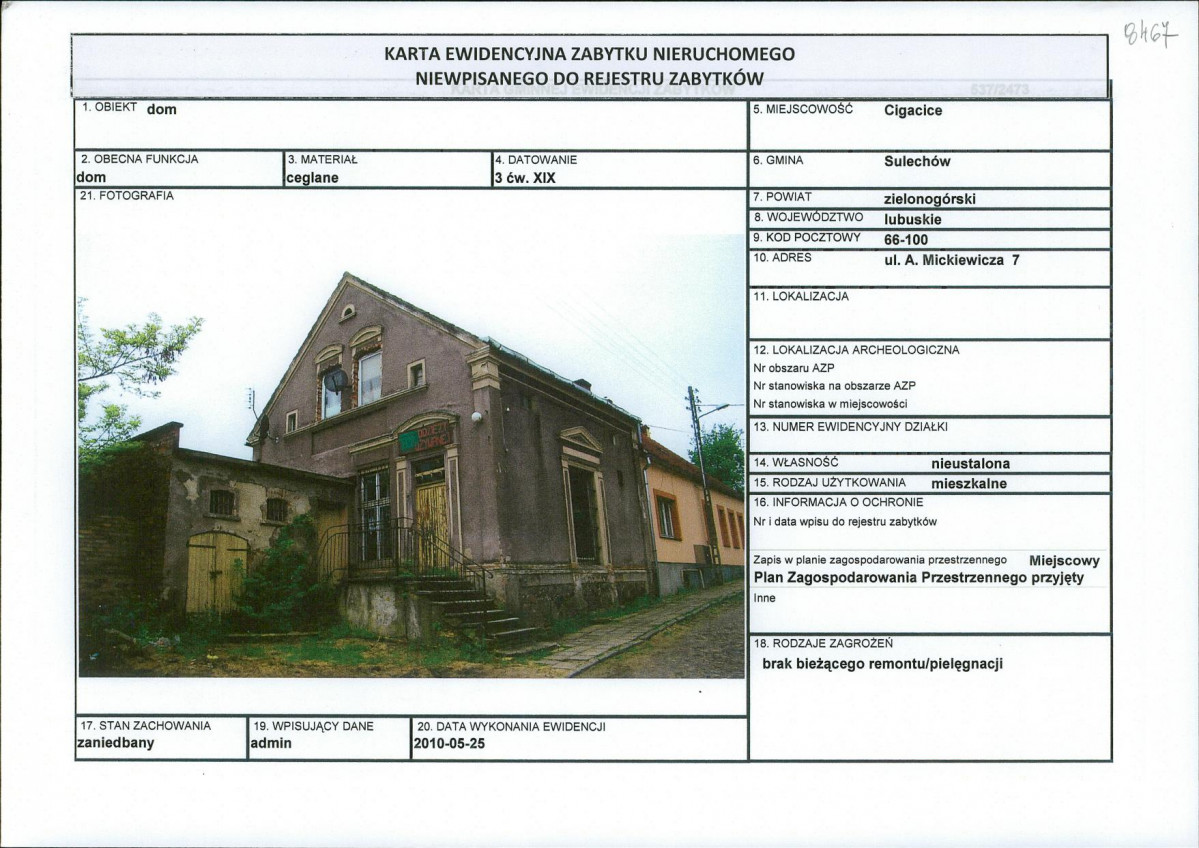 Karta obiektu niewpisanego do rejestru, skan nr 1