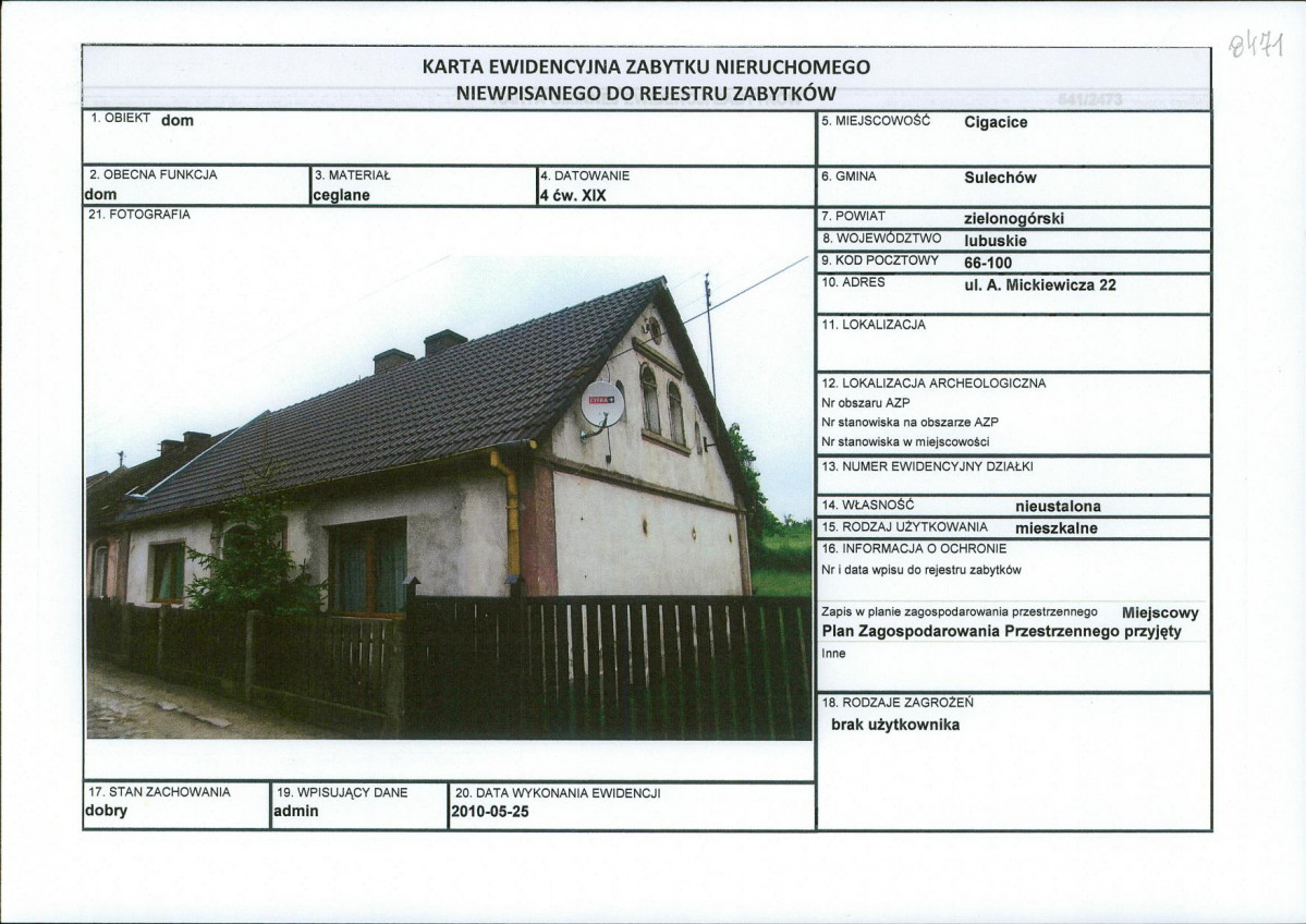 Karta obiektu niewpisanego do rejestru, skan nr 1