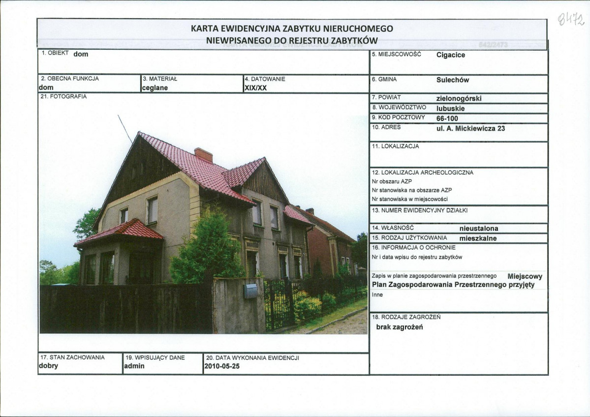Karta obiektu niewpisanego do rejestru, skan nr 1