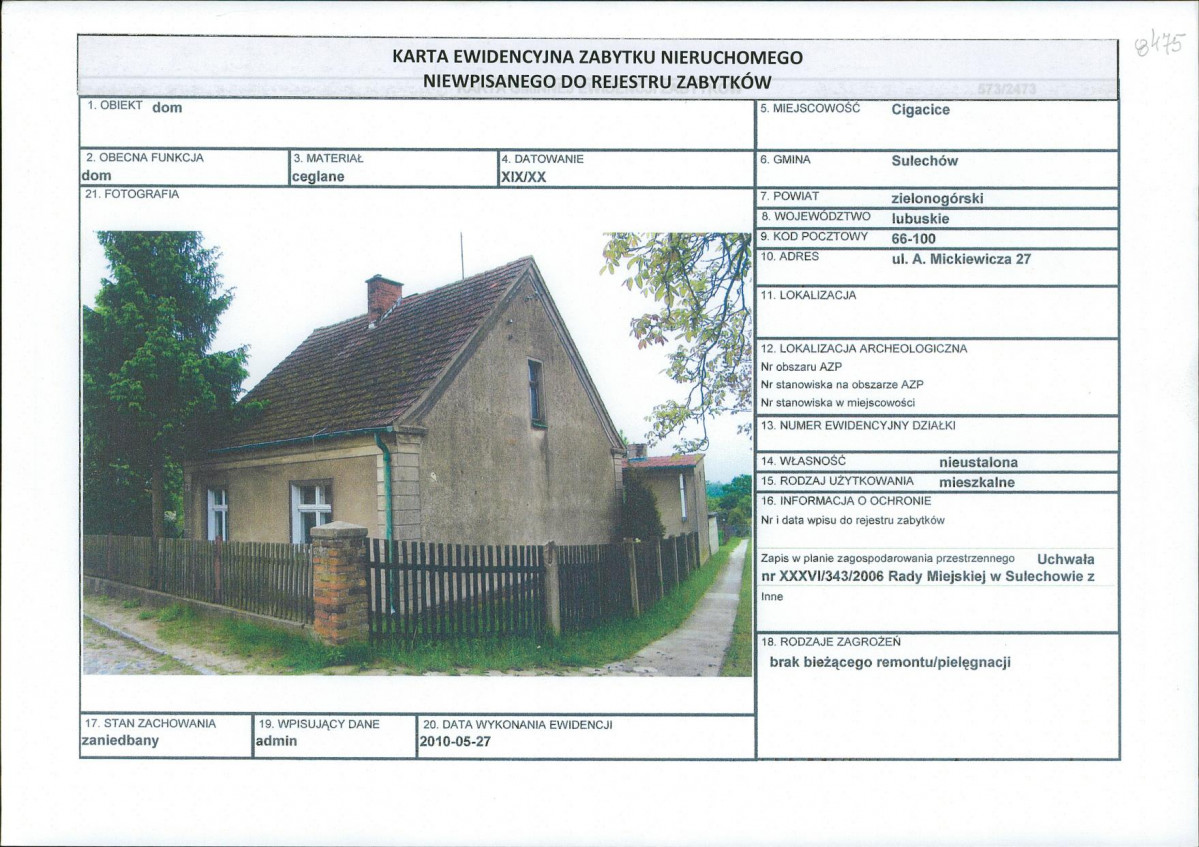 Karta obiektu niewpisanego do rejestru, skan nr 1