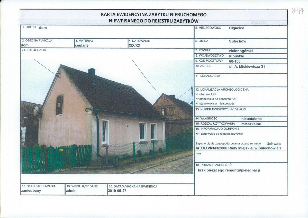 Karta obiektu niewpisanego do rejestru, skan nr 1