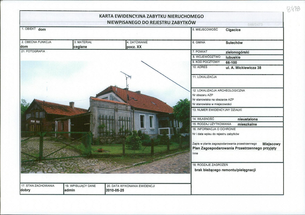 Karta obiektu niewpisanego do rejestru, skan nr 1