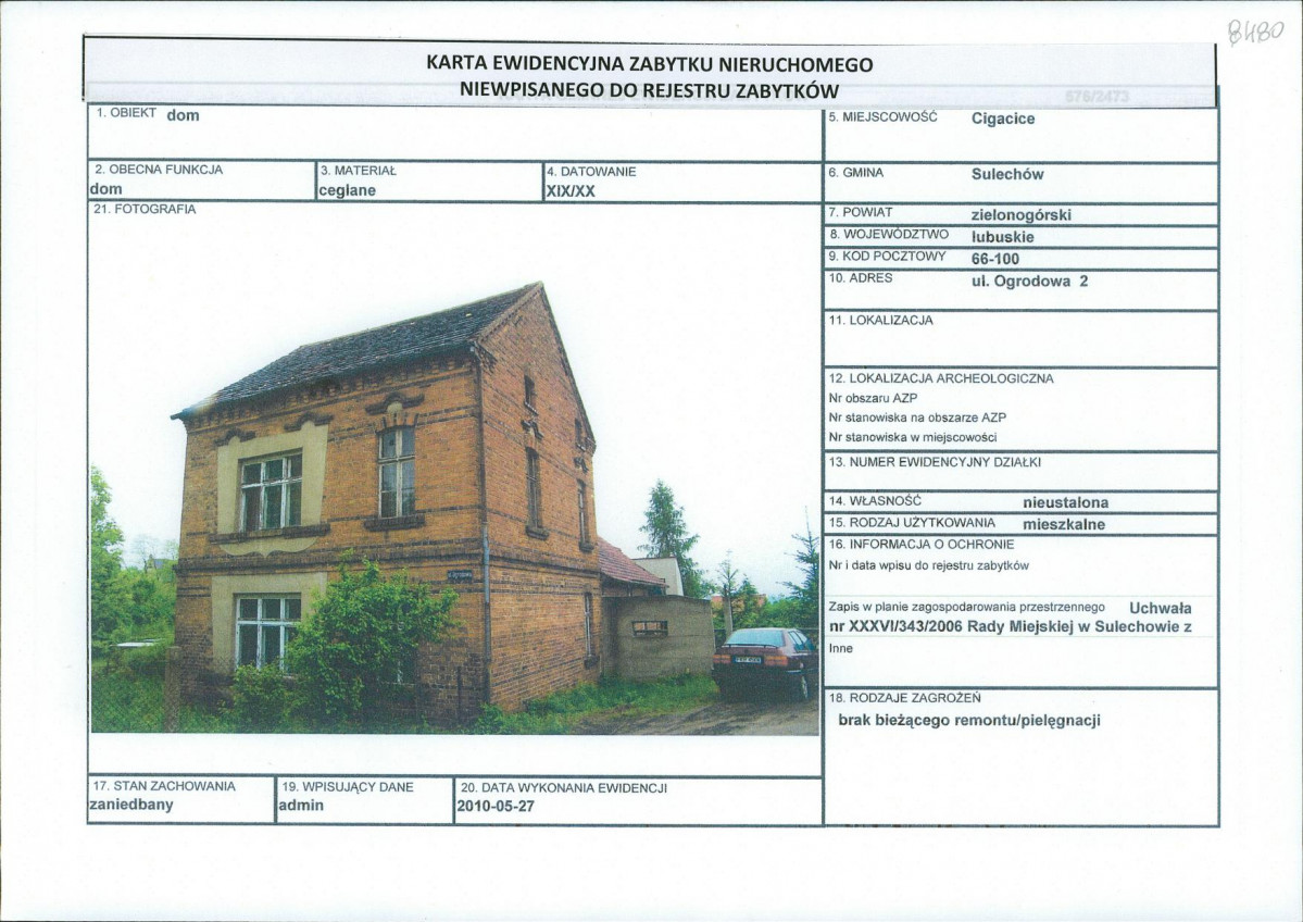Karta obiektu niewpisanego do rejestru, skan nr 1