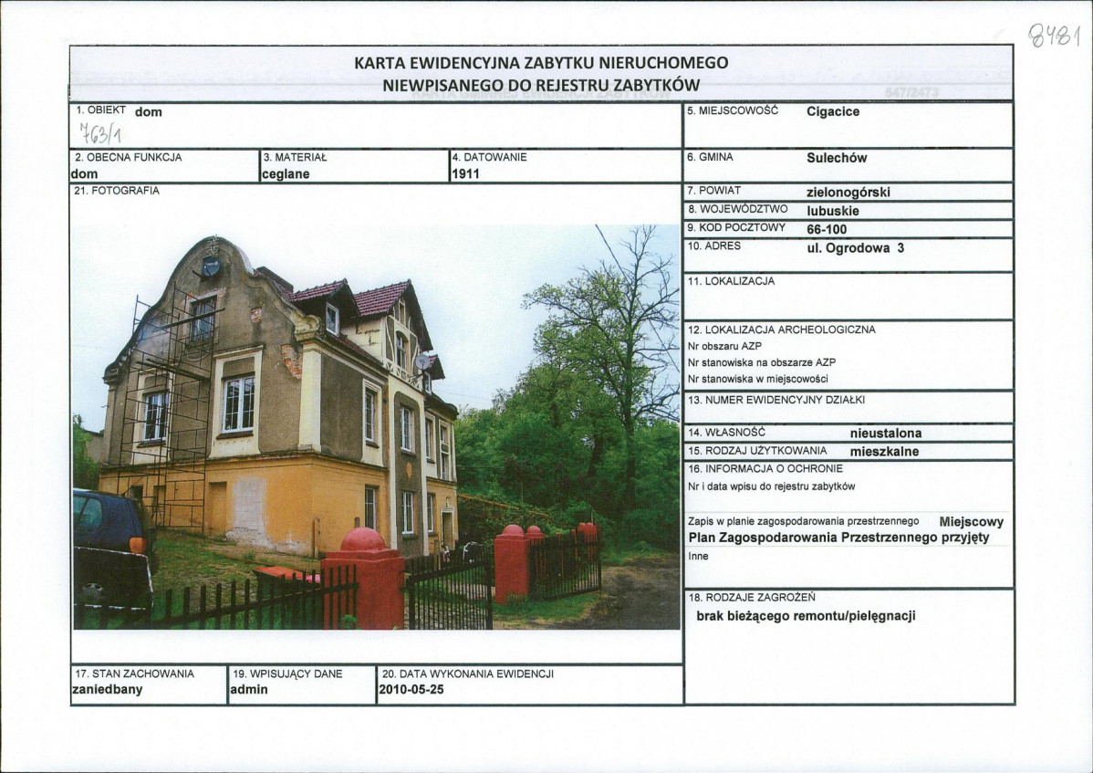 Karta obiektu niewpisanego do rejestru, skan nr 1