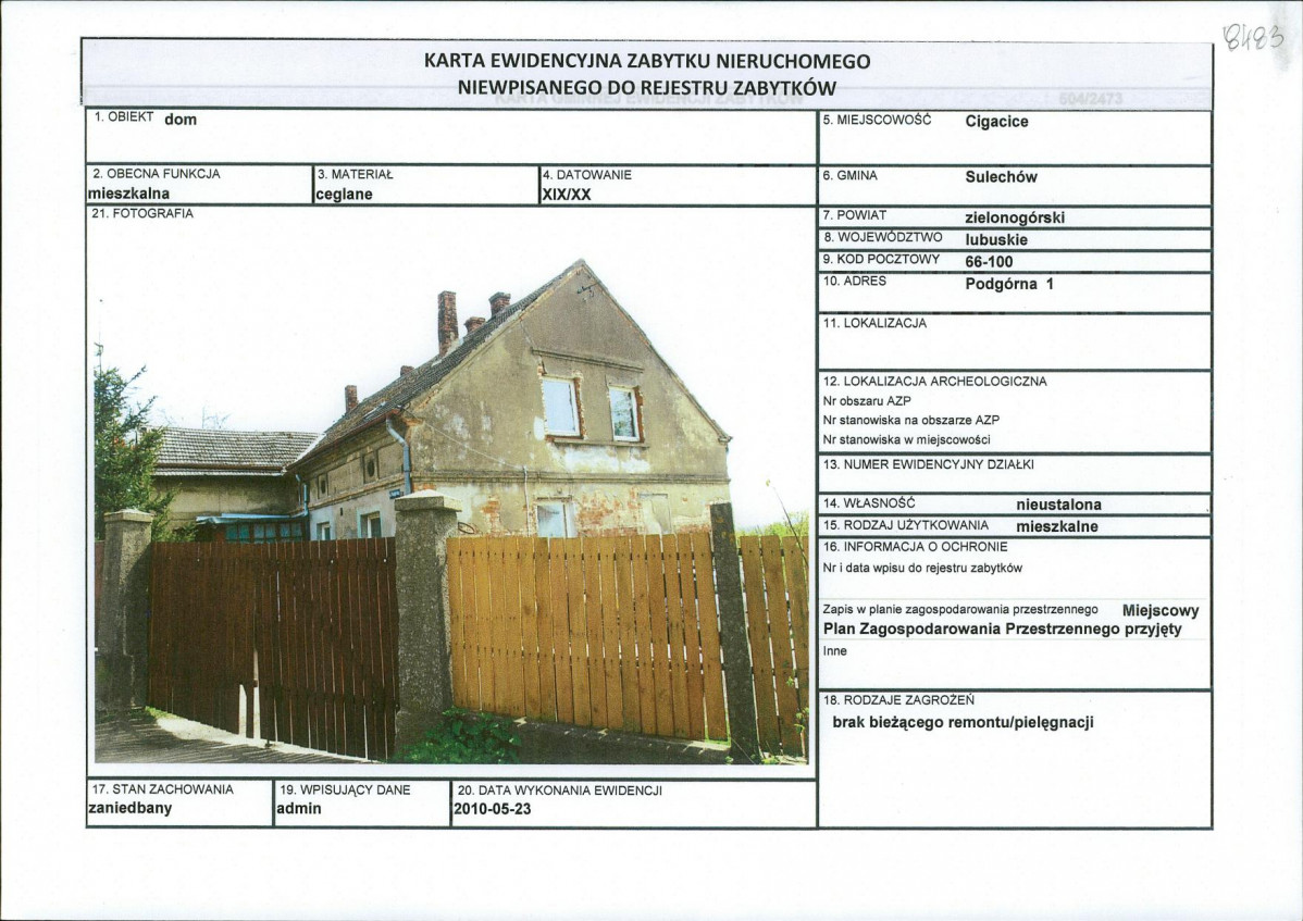 Karta obiektu niewpisanego do rejestru, skan nr 1