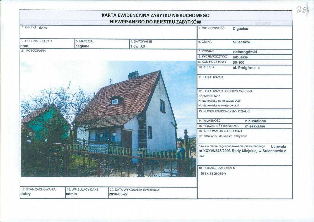 Karta obiektu niewpisanego do rejestru, skan nr 1