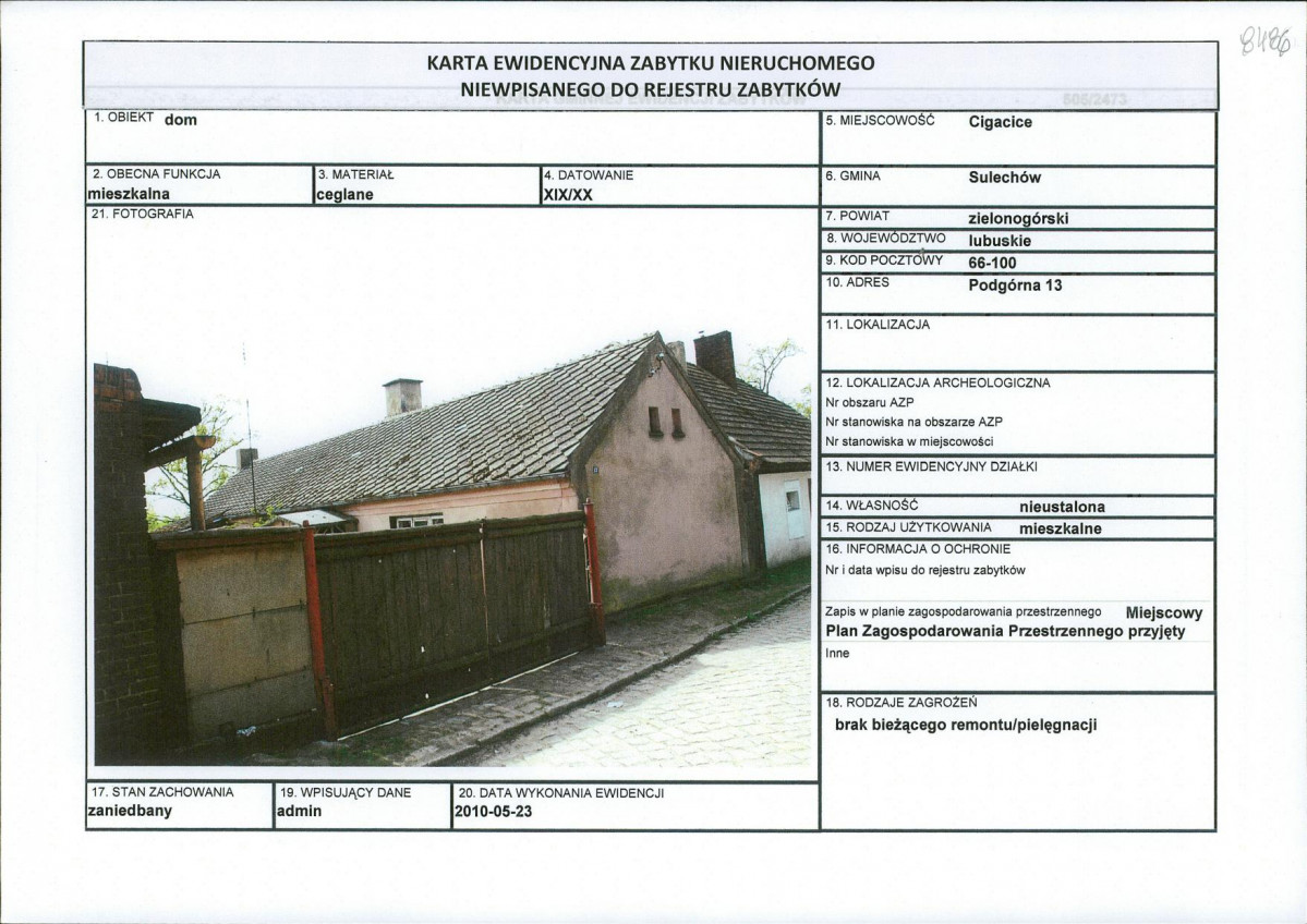 Karta obiektu niewpisanego do rejestru, skan nr 1