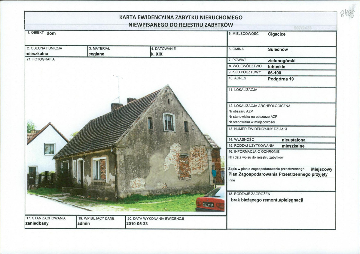 Karta obiektu niewpisanego do rejestru, skan nr 1