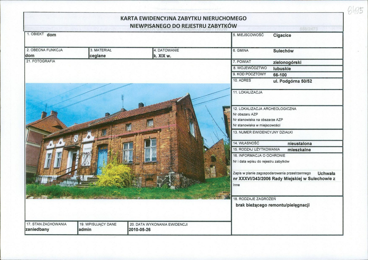 Karta obiektu niewpisanego do rejestru, skan nr 1