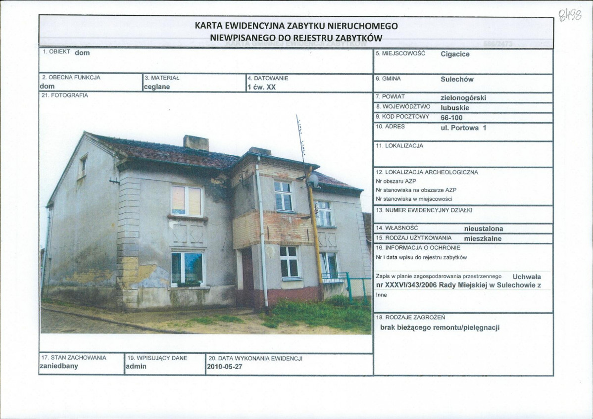 Karta obiektu niewpisanego do rejestru, skan nr 1