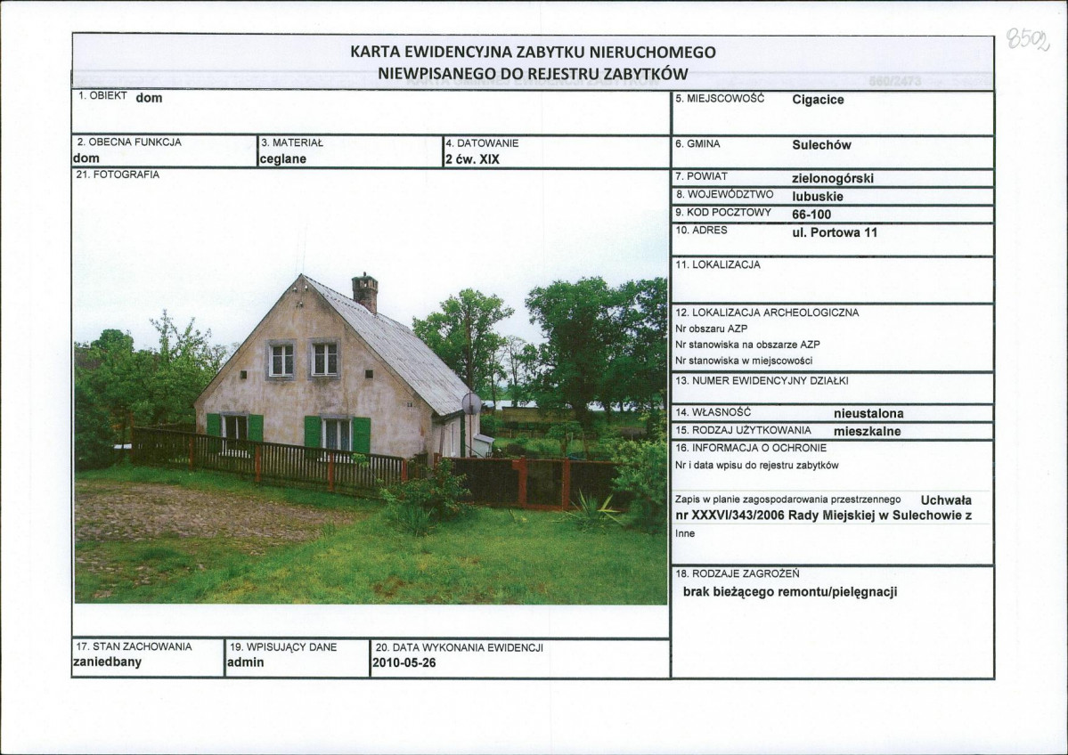 Karta obiektu niewpisanego do rejestru, skan nr 1