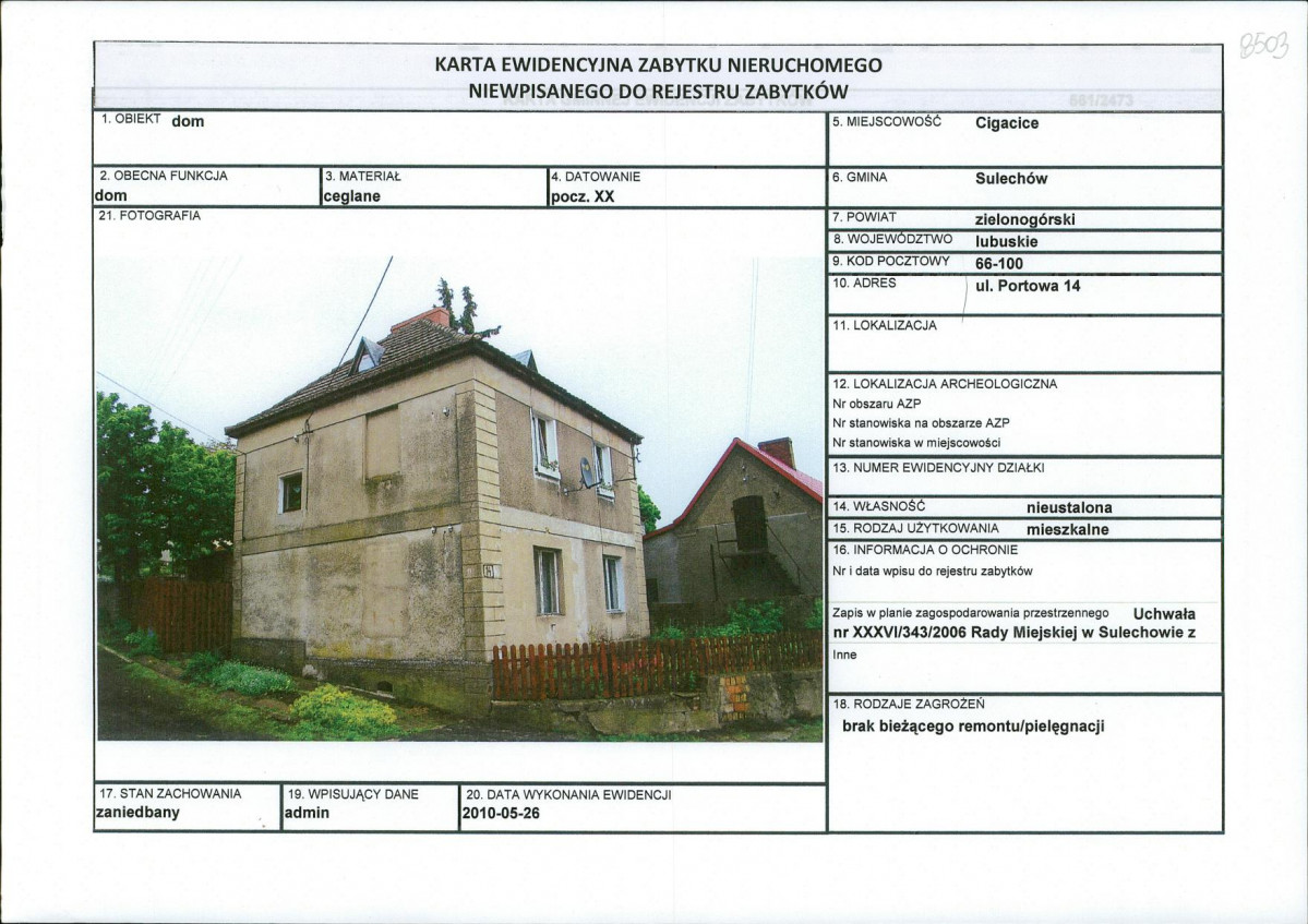 Karta obiektu niewpisanego do rejestru, skan nr 1