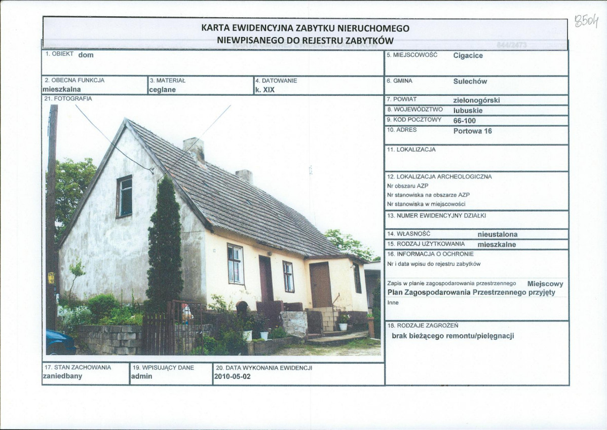 Karta obiektu niewpisanego do rejestru, skan nr 1