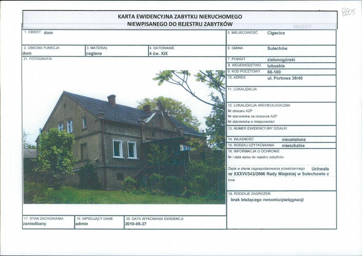 Karta obiektu niewpisanego do rejestru, skan nr 1