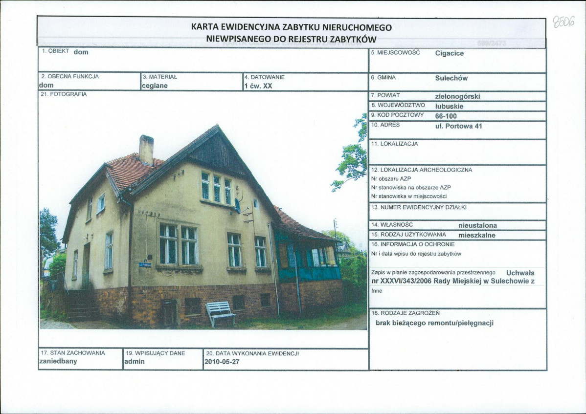 Karta obiektu niewpisanego do rejestru, skan nr 1