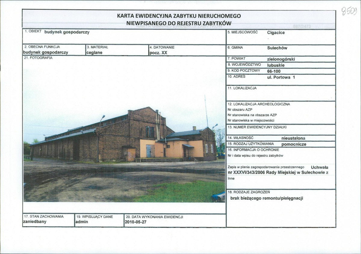 Karta obiektu niewpisanego do rejestru, skan nr 1