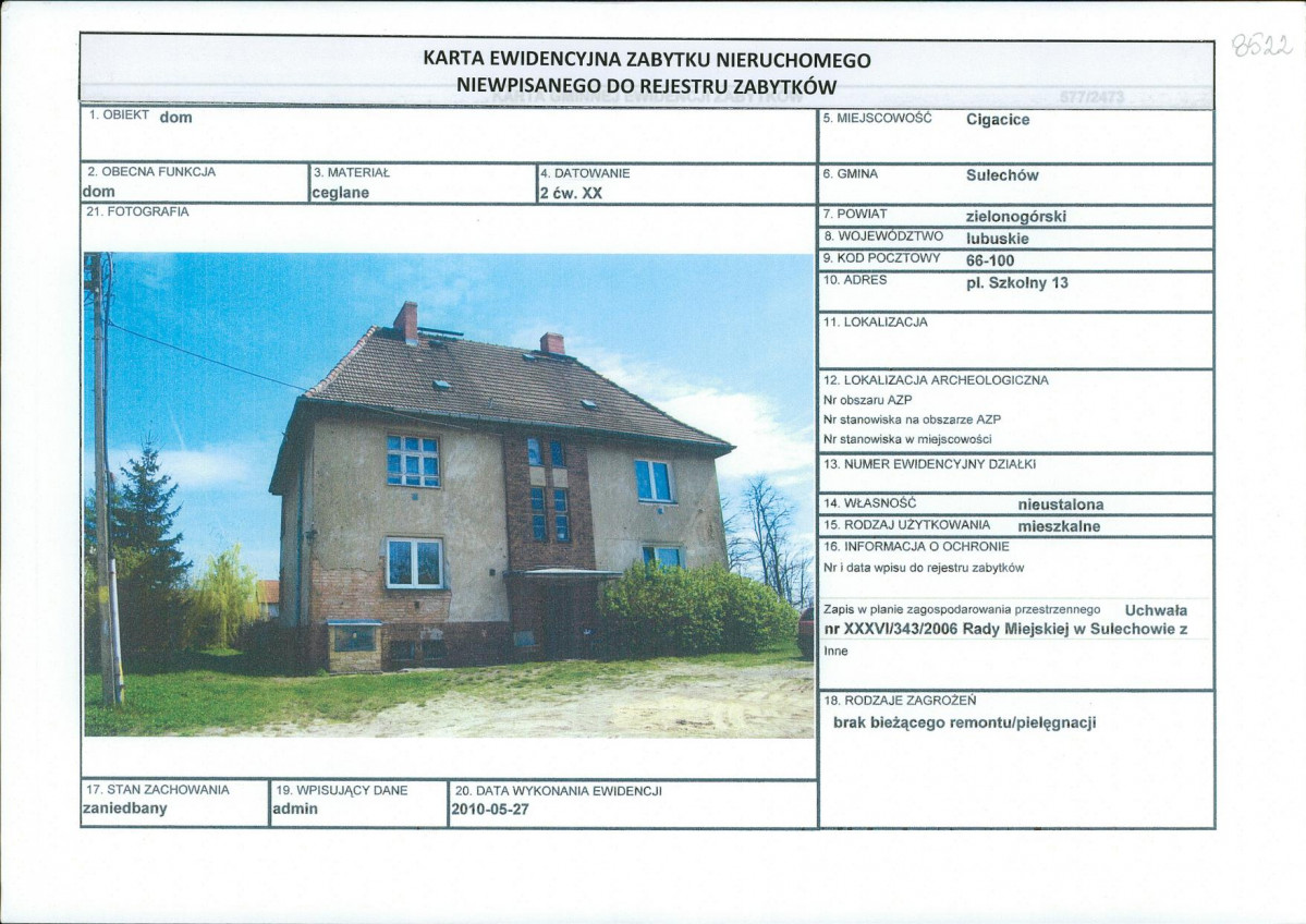 Karta obiektu niewpisanego do rejestru, skan nr 1