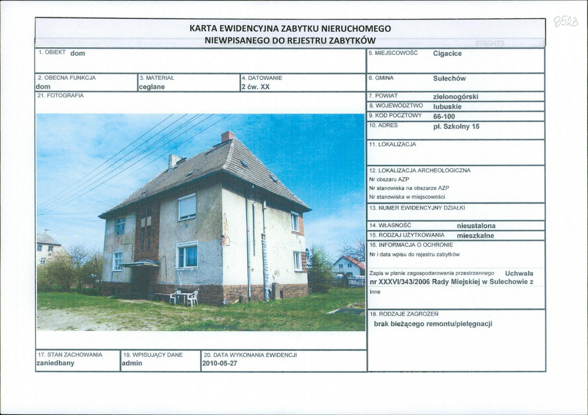 Karta obiektu niewpisanego do rejestru, skan nr 1