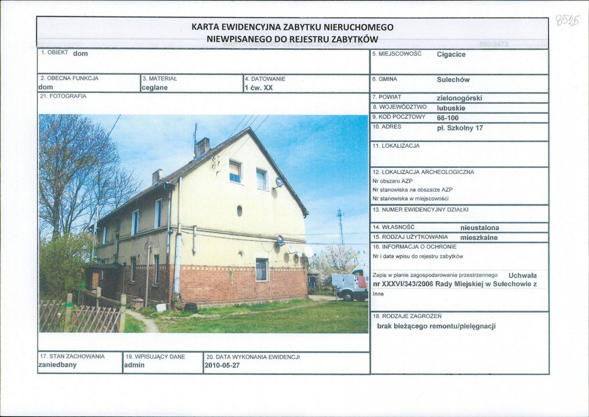 Karta obiektu niewpisanego do rejestru, skan nr 1