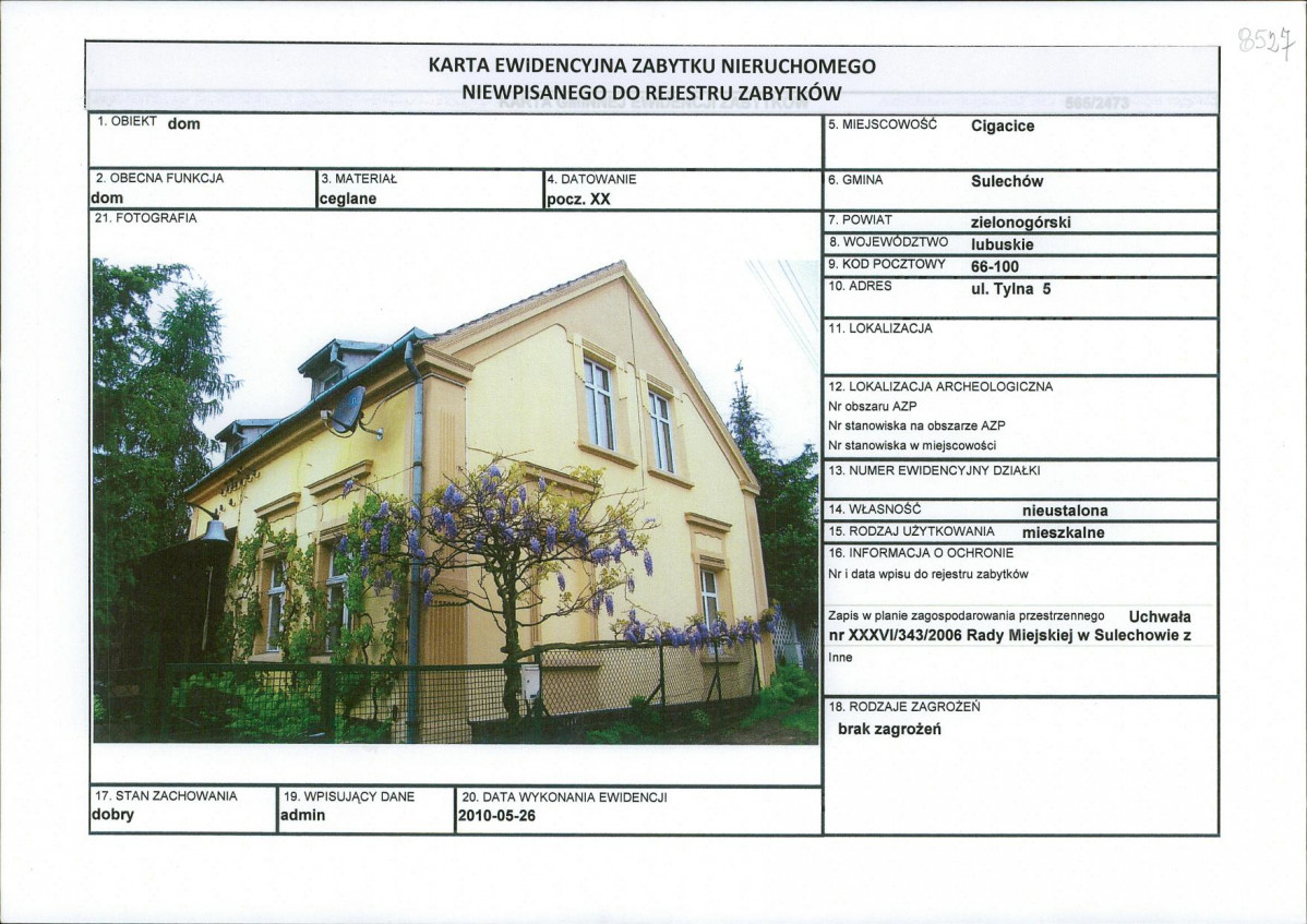 Karta obiektu niewpisanego do rejestru, skan nr 1