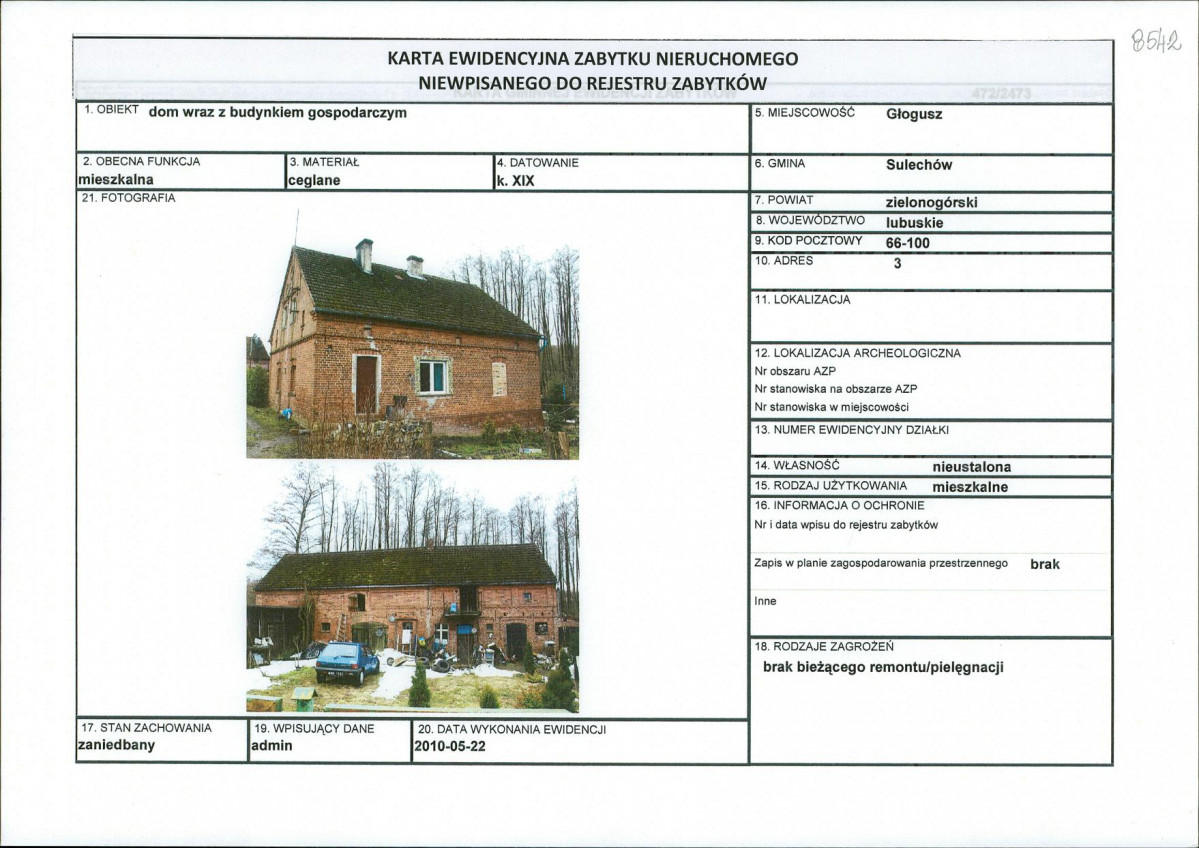Karta obiektu niewpisanego do rejestru, skan nr 1